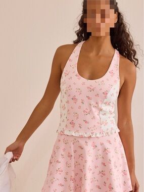 AS Revival Pink Floral Ruffle Trim Athletic Dress with shorts underneath NWT